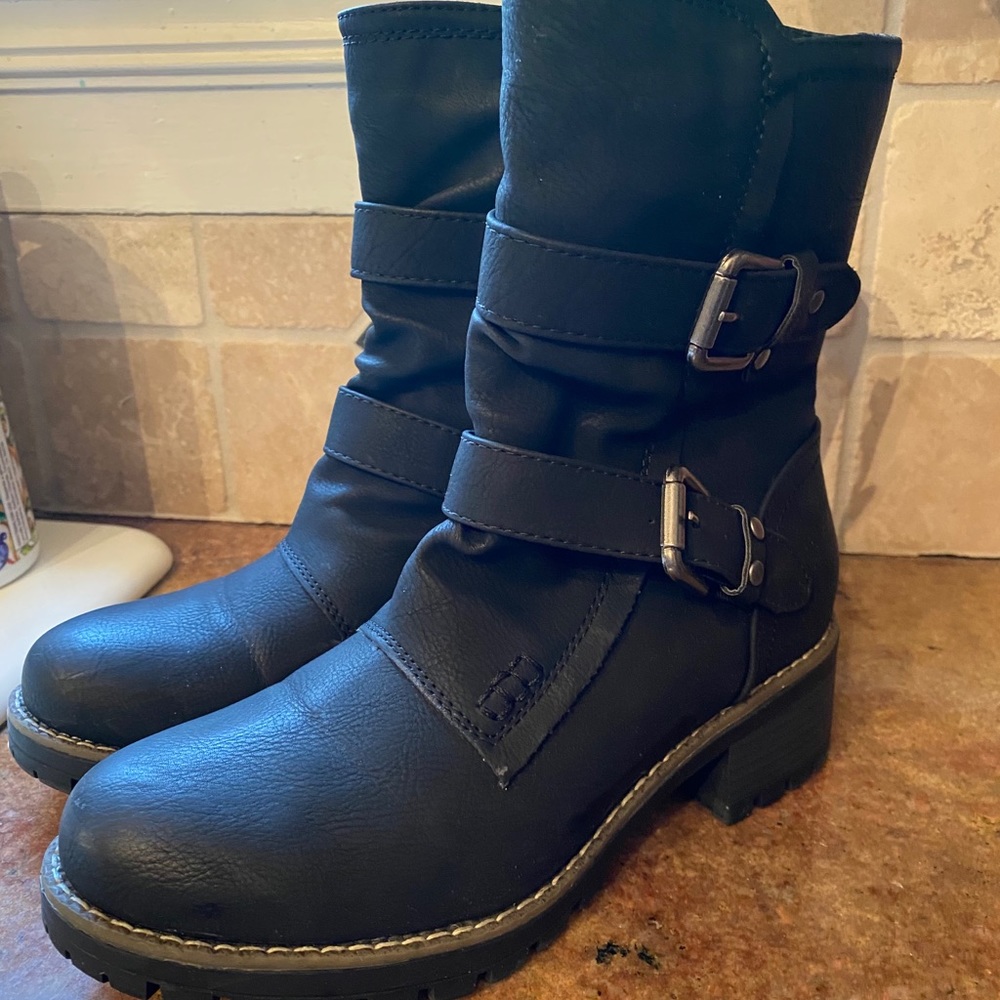 Biker style, mid-calf, boots.